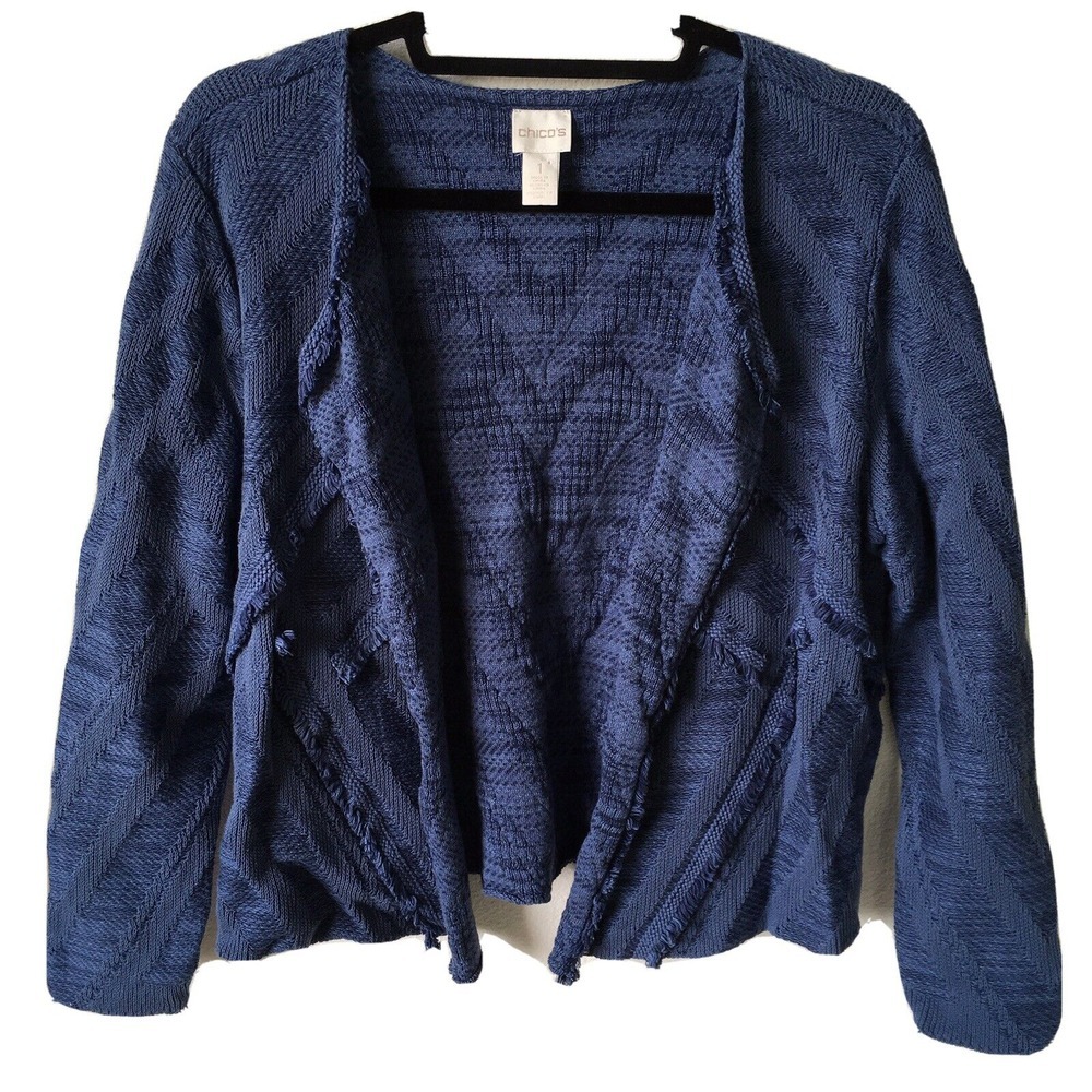 Chicos Women's Circle Knit Cardigan Sz 1 Blue Open Drape EUC!